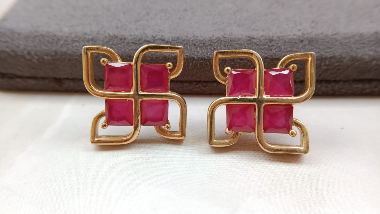Geometric Quad-Stone Stud Earrings | Premium Gold & Rodium Finish