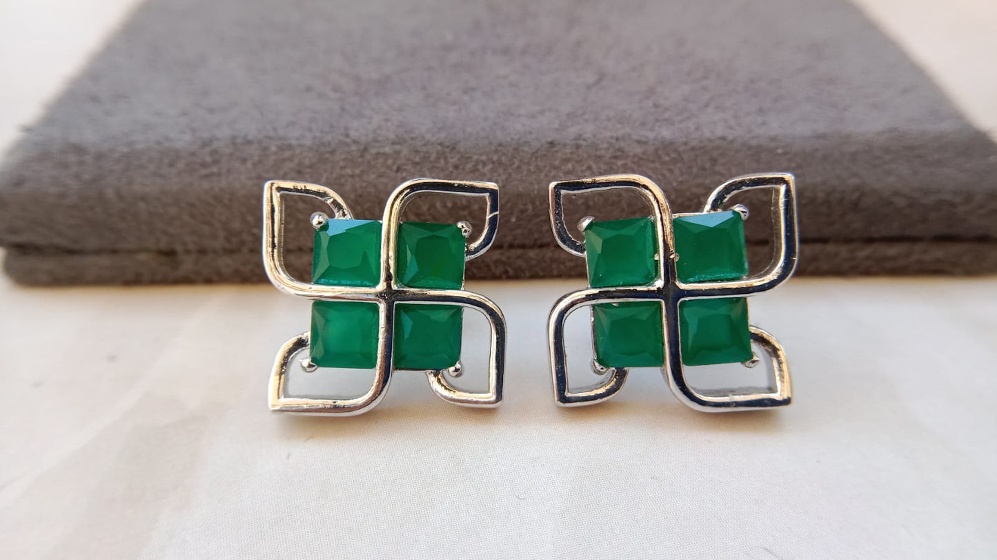 Geometric Quad-Stone Stud Earrings | Premium Gold & Rodium Finish