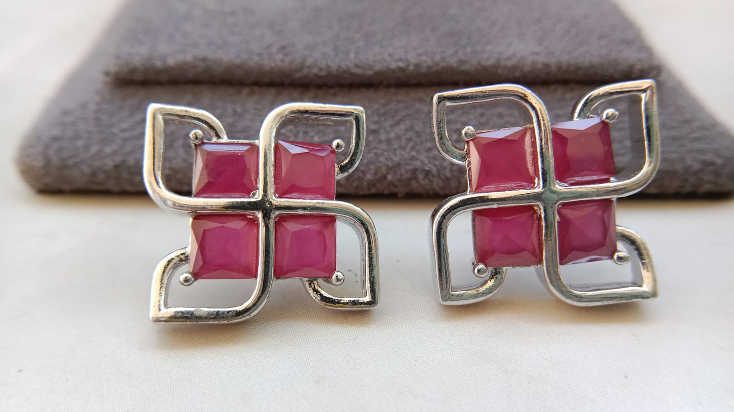 Geometric Quad-Stone Stud Earrings | Premium Gold & Rodium Finish