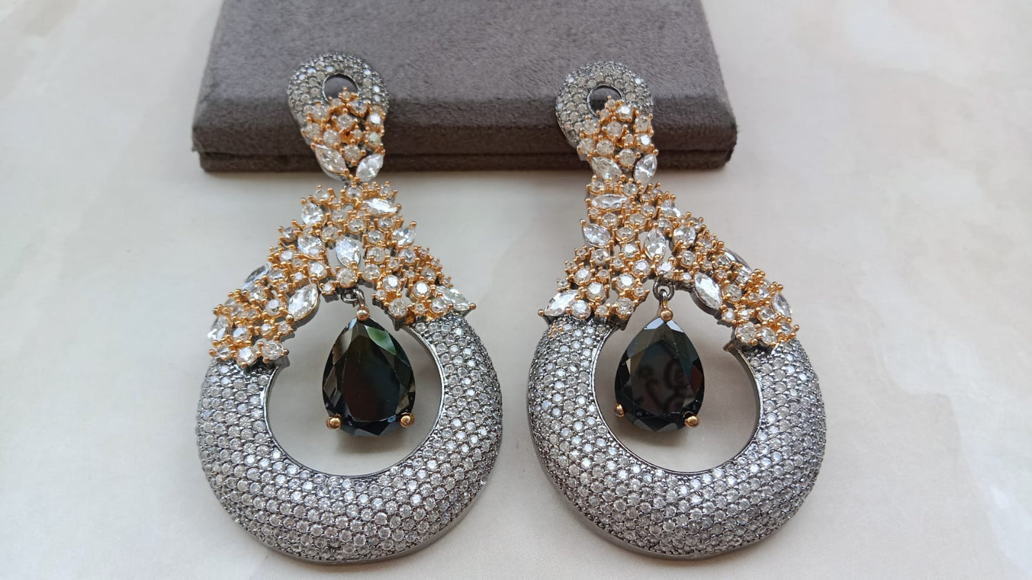 Victorian and Rodium-Tone Crescent Earrings with Black Drop Stone