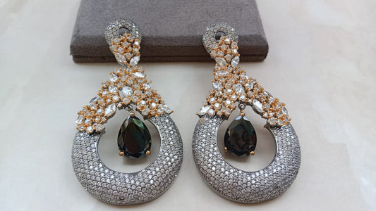 Victorian and Rodium-Tone Crescent Earrings with Black Drop Stone