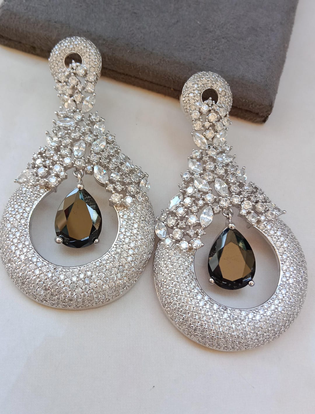 Victorian and Rodium-Tone Crescent Earrings with Black Drop Stone
