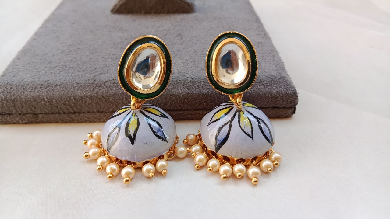 Hand-Painted Floral Jhumki Earrings with Kundan Studs & Pearl Drops | Gold Plated Designer Ethnic Jewellery
