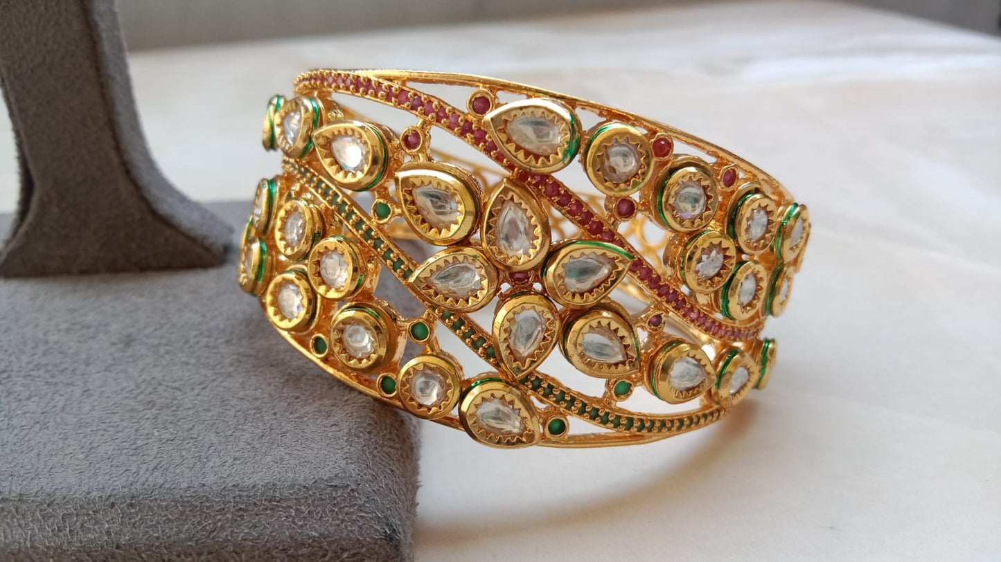 Kundan Polki Bracelet in Gold Plating with Multi-Color Detailing