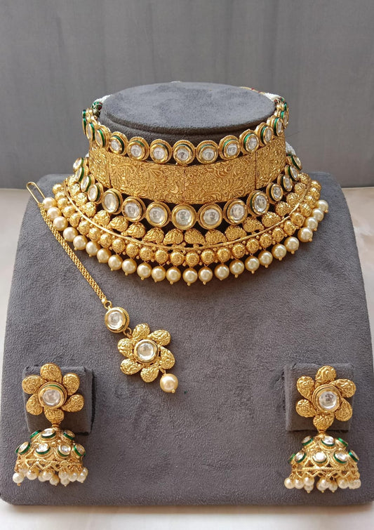 Royal Antique Gold Nakshi & Kundan Bridal Choker Set with Pearl Clusters