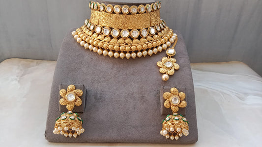 Royal Antique Gold Nakshi & Kundan Bridal Choker Set with Pearl Clusters