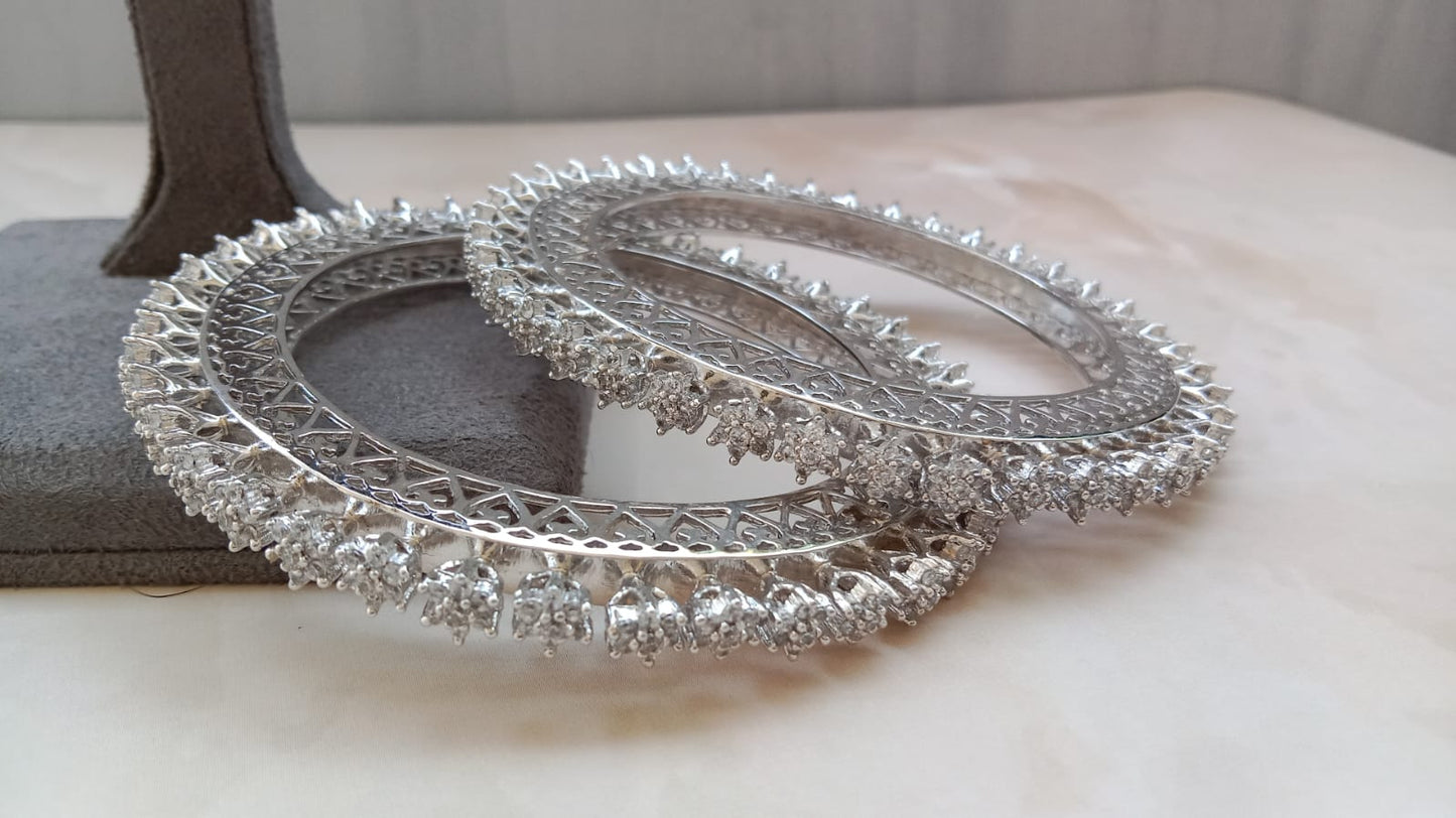 Rhodium Plated Designer Bangle Set – Elegant Stone Studded Party Wear Bangles