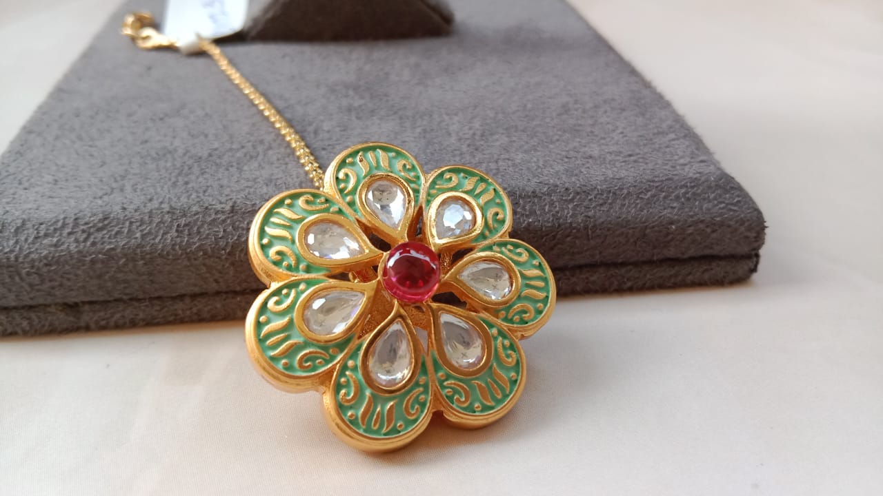 Kundan Floral tikka with Ruby Center – Gold Plated Mint/White Enamel Design