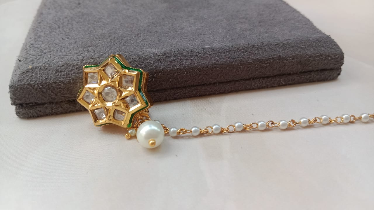 Kundan Floral Nosering with Ruby Center & Pearl Chain