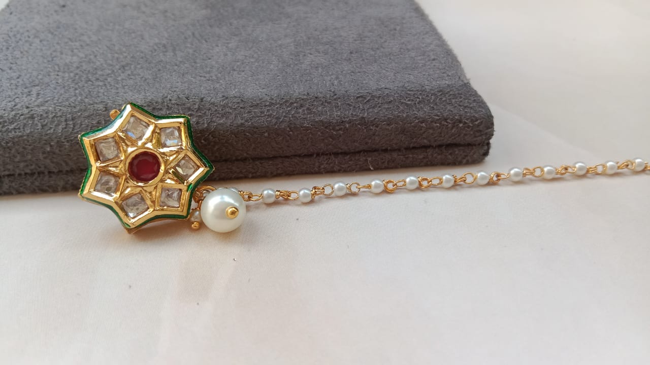 Kundan Floral Nosering with Ruby Center & Pearl Chain