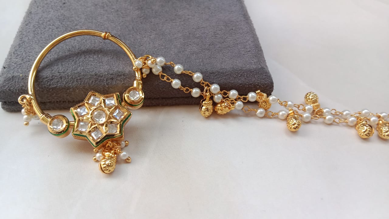 Kundan Floral Nath with Green Enamel & Pearl Chain