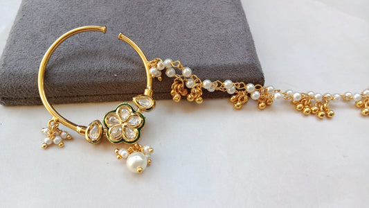 Gold-Plated Kundan Flower Nath with Pearl Chain