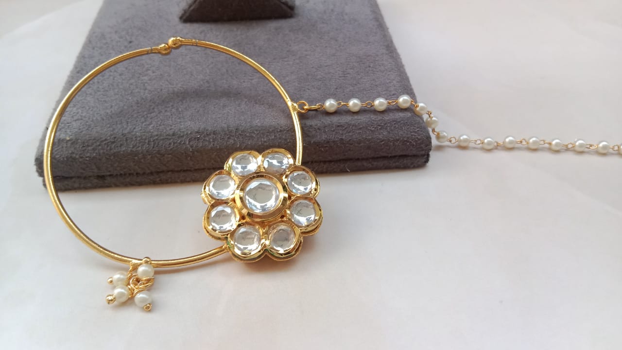 Kundan Floral Nosering with Ruby Center & kundan center and Pearl Chain
