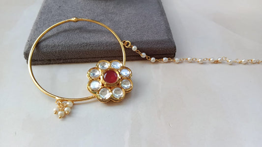 Kundan Floral Nosering with Ruby Center & kundan center and Pearl Chain