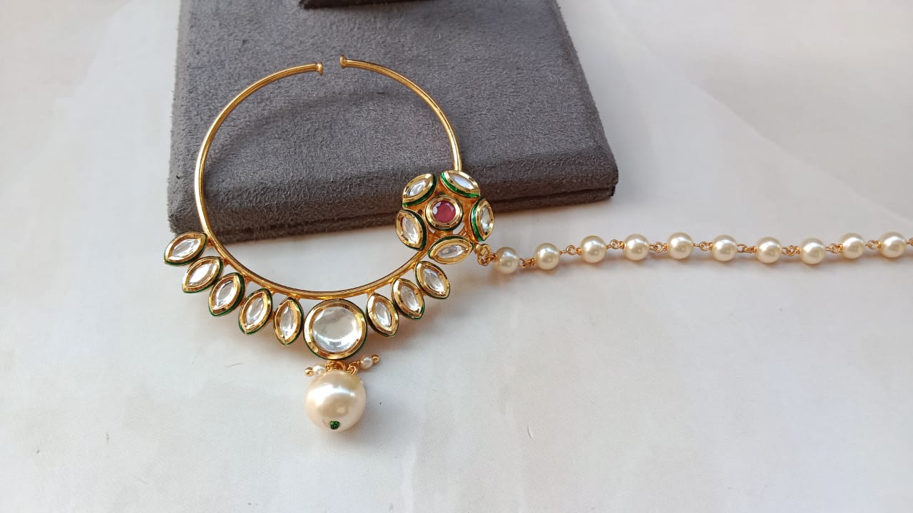 Kundan Bridal Nath with Pearl Chain & Gold Plating