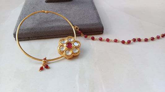 Gold-Plated Kundan Floral Nath with Ruby Bead Chain