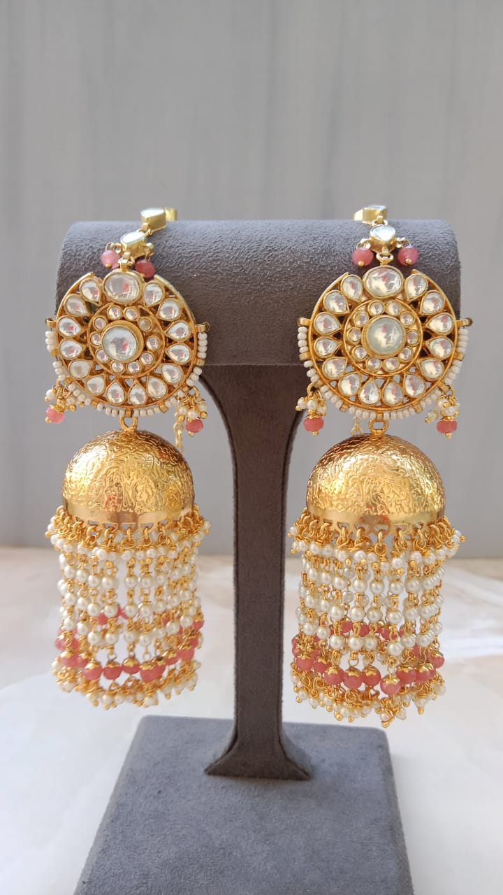 Luxury Gold Plated Polki Long Jhumki Earrings with Pearl & Pink Bead Tassels | Bridal Statement Jewellery