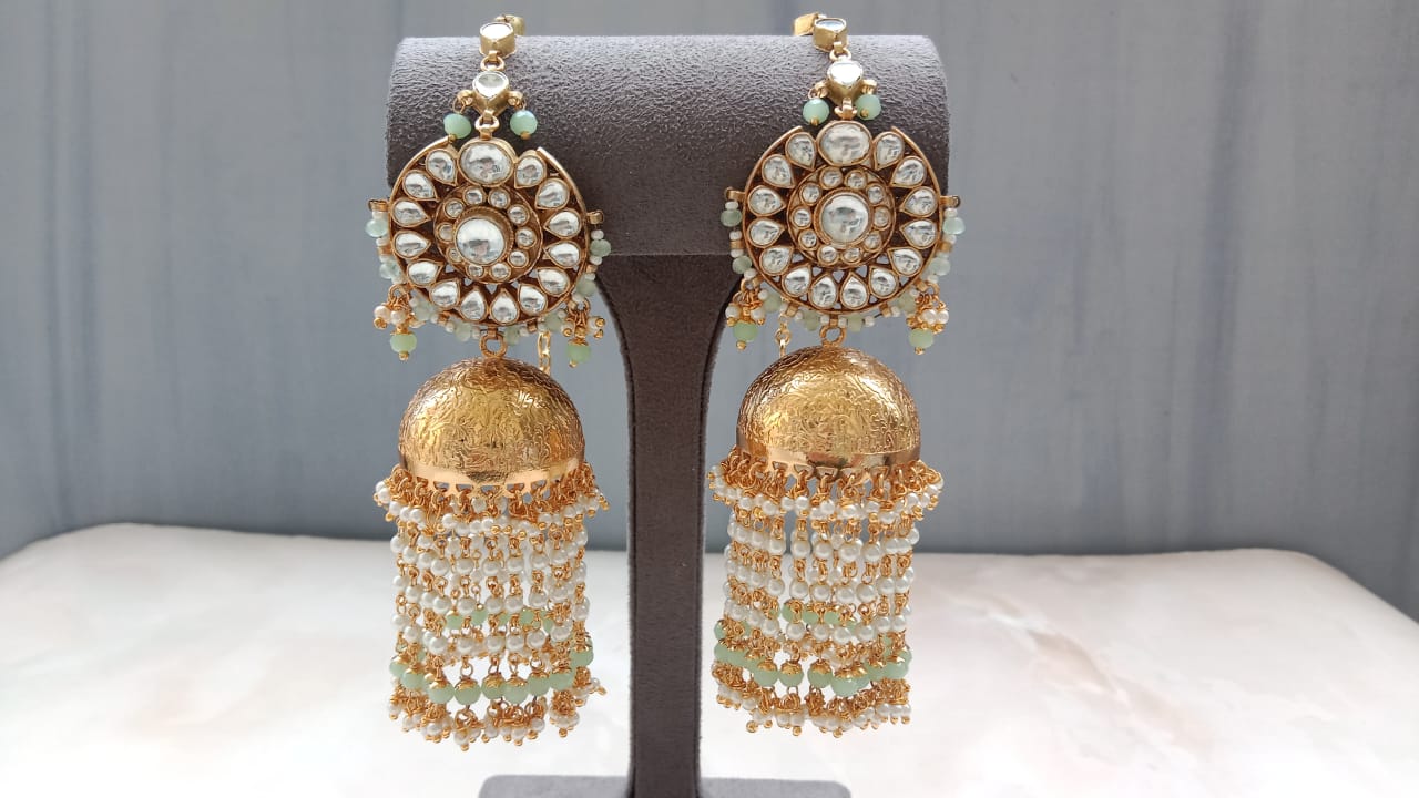 Luxury Gold Plated Polki Long Jhumki Earrings with Pearl & Pink Bead Tassels | Bridal Statement Jewellery