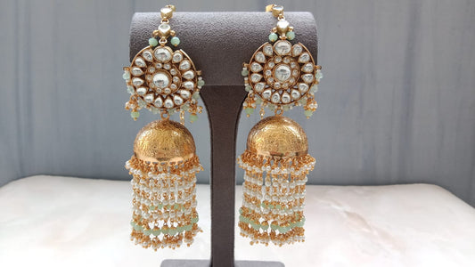 Luxury Gold Plated Polki Long Jhumki Earrings with Pearl & Pink Bead Tassels | Bridal Statement Jewellery
