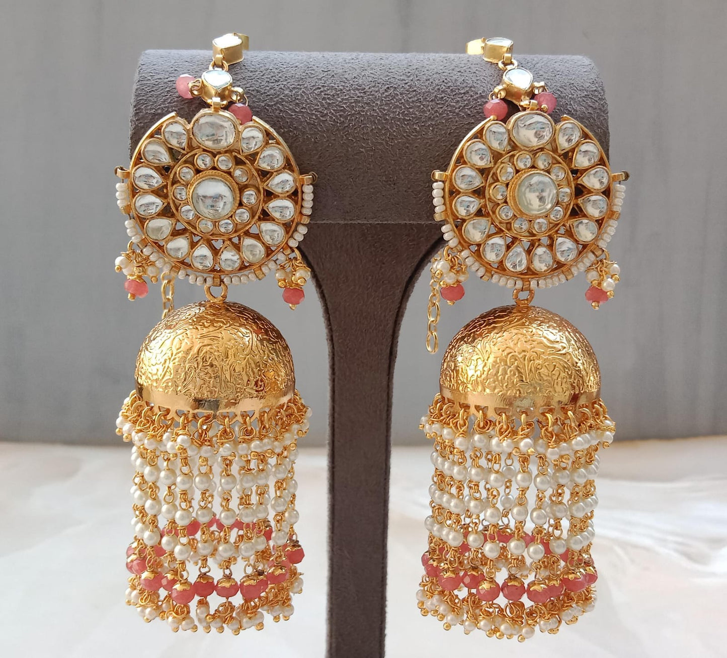 Luxury Gold Plated Polki Long Jhumki Earrings with Pearl & Pink Bead Tassels | Bridal Statement Jewellery
