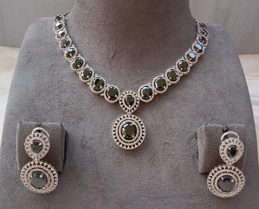 Royal AD Necklace Set with Black Stone & Circular Pendant