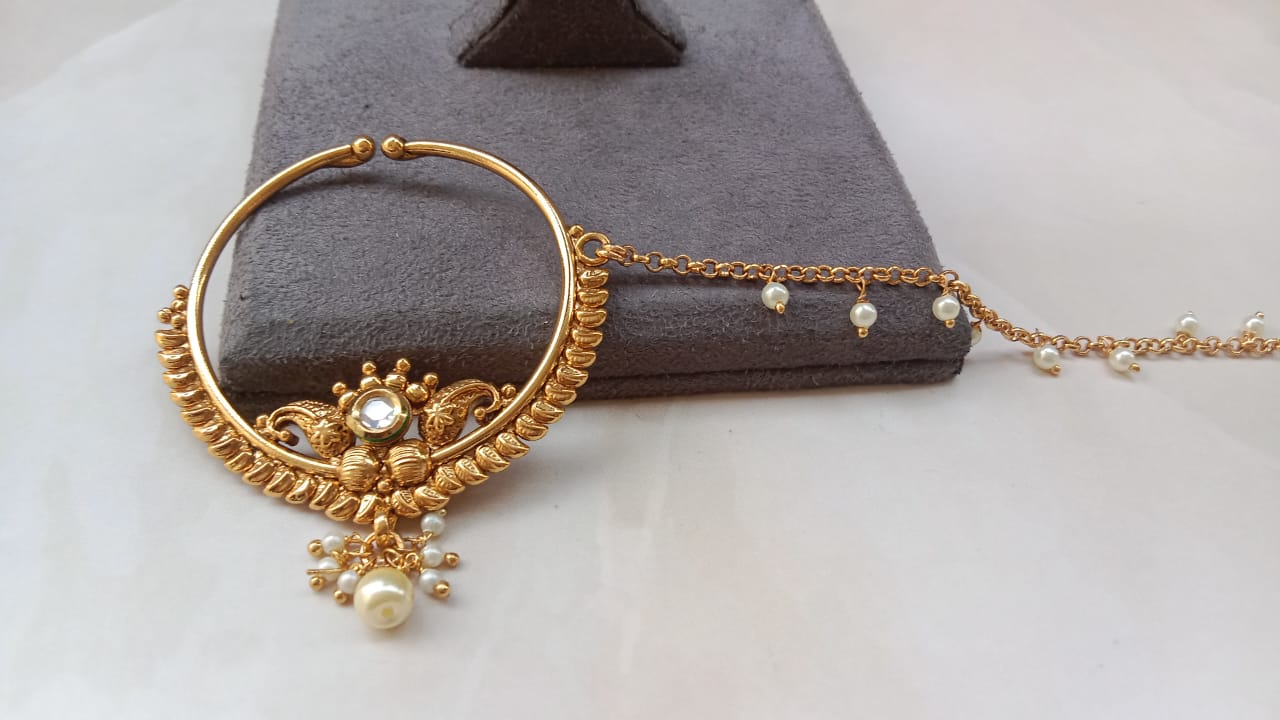 Traditional Golden Plated Bridal Nosering with Kundan & Pearl Drops