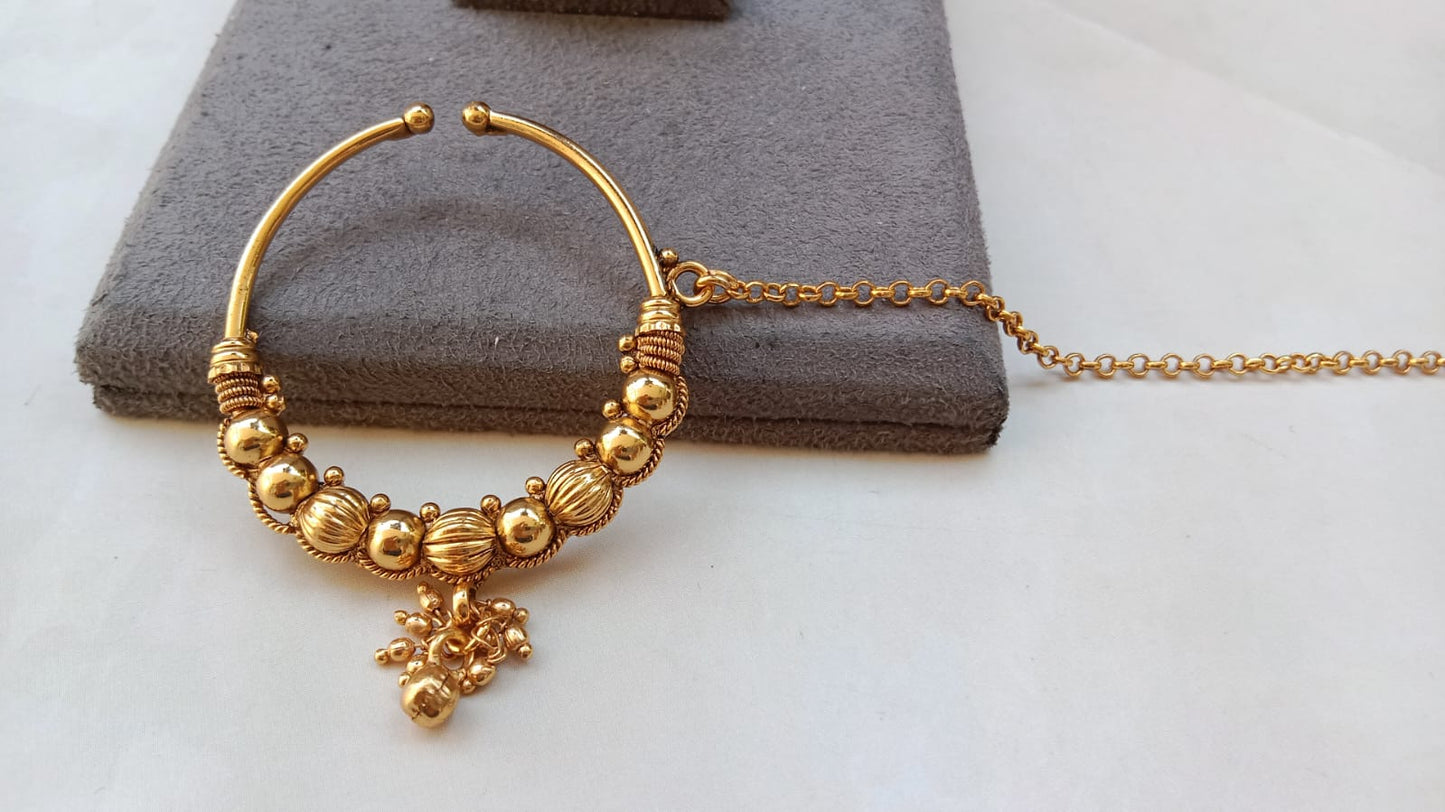 Traditional Gold-Plated Beaded Bridal Nosering with Dangling Charm