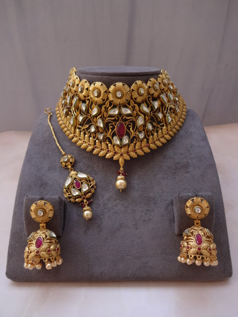 Royal Antique Gold Filigree Bridal Choker Set with Ruby & Kundan Accents