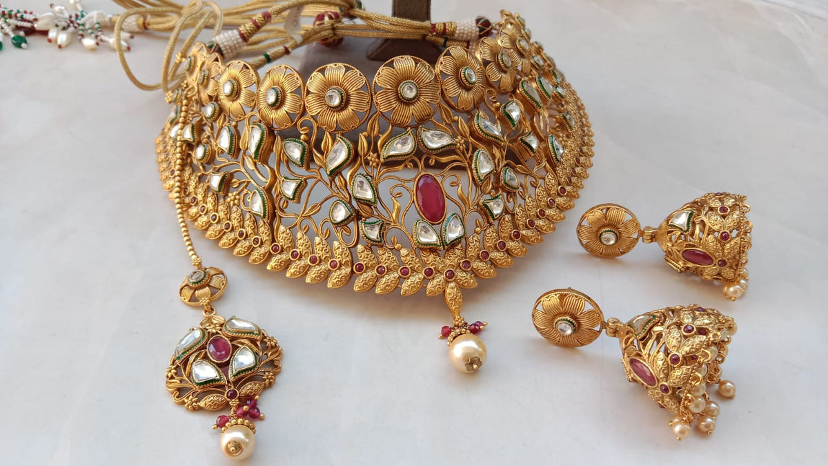 Royal Antique Gold Filigree Bridal Choker Set with Ruby & Kundan Accents