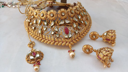 Royal Antique Gold Filigree Bridal Choker Set with Ruby & Kundan Accents