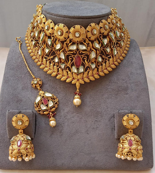 Royal Antique Gold Filigree Bridal Choker Set with Ruby & Kundan Accents