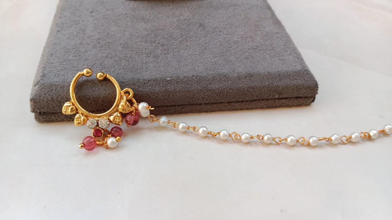 Gold-Plated Mini Nath with Pink Beads & Pearl Chain