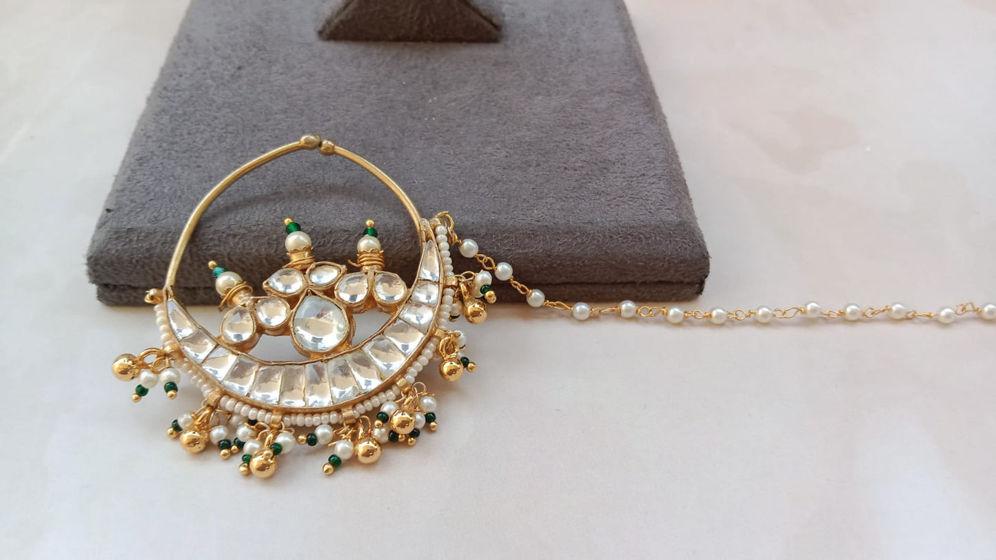 Grand Kundan Bridal Nath with Pearl & Green Bead Latkan Chain
