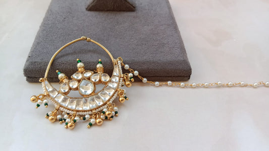 Grand Kundan Bridal Nath with Pearl & Green Bead Latkan Chain