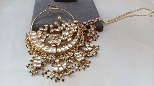 Grand Kundan Bridal Nath with Pearl & Green Bead Detailing