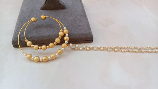 Gold-Plated Double-Hoop Nosering with Textured Beads & Pearl Chain