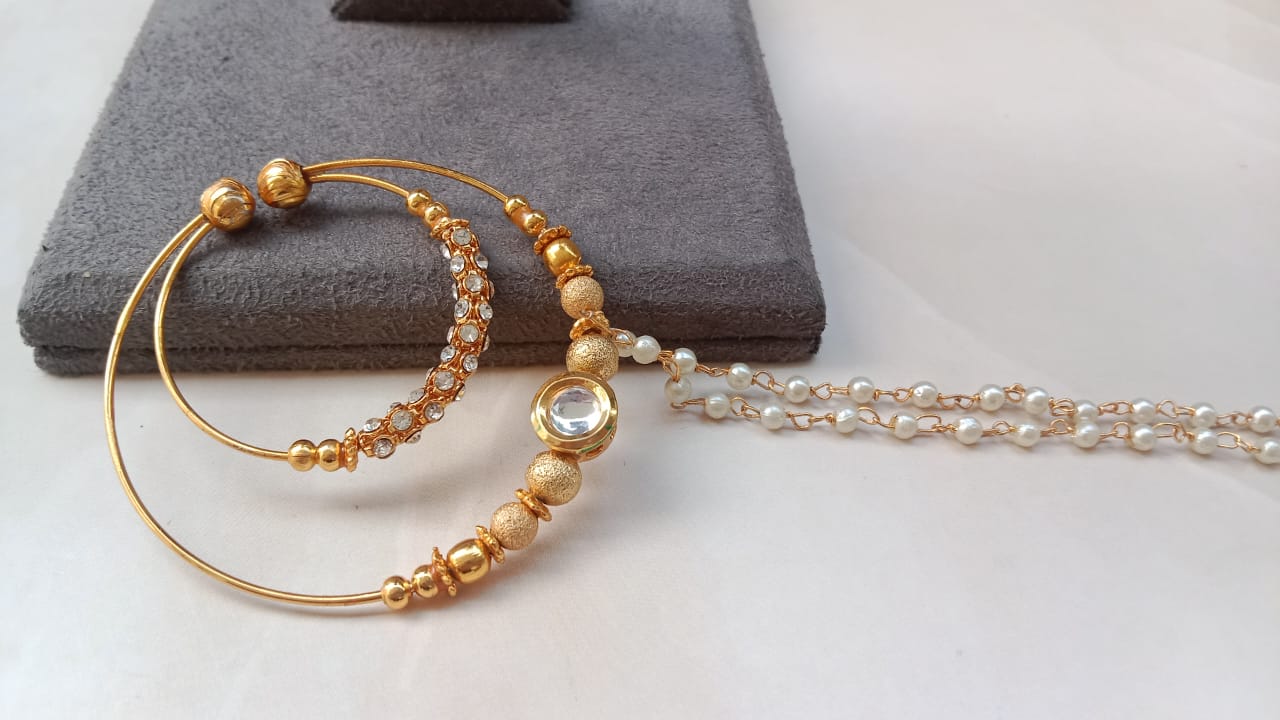 Golden Plated Kundan Nosering with Pearl Chain