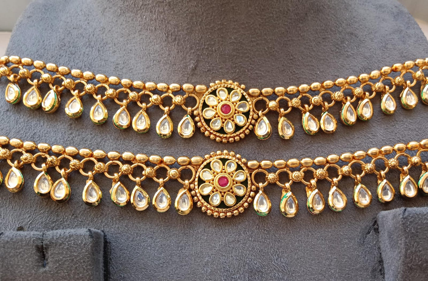 Gold-Plated Kundan Anklet Pair with Floral Motif & Tear-Drop Hangings