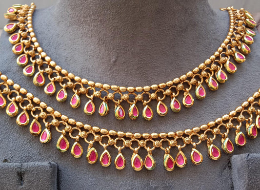 Gold Plated Kundan Teardrop Payal | Dual Layer Traditional Anklet