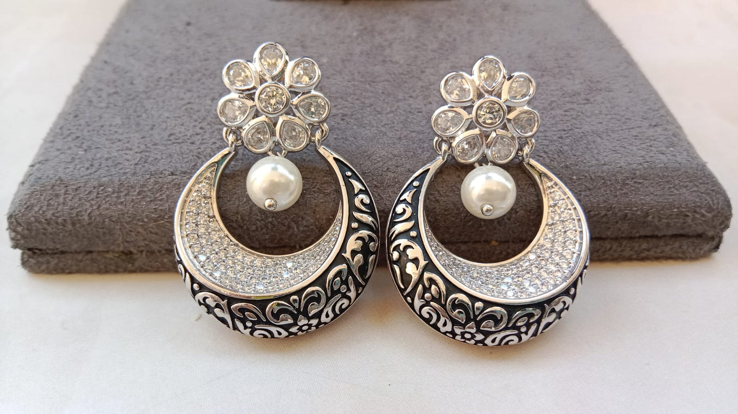 Rhodium-Plated Floral AD Earrings with Black Enamel & Pearl Drop