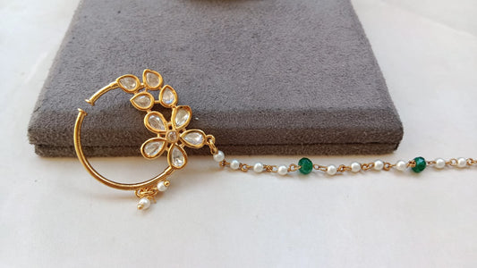 Kundan Floral Nose Ring with Gold Plating & Pearl–Green Bead Chain