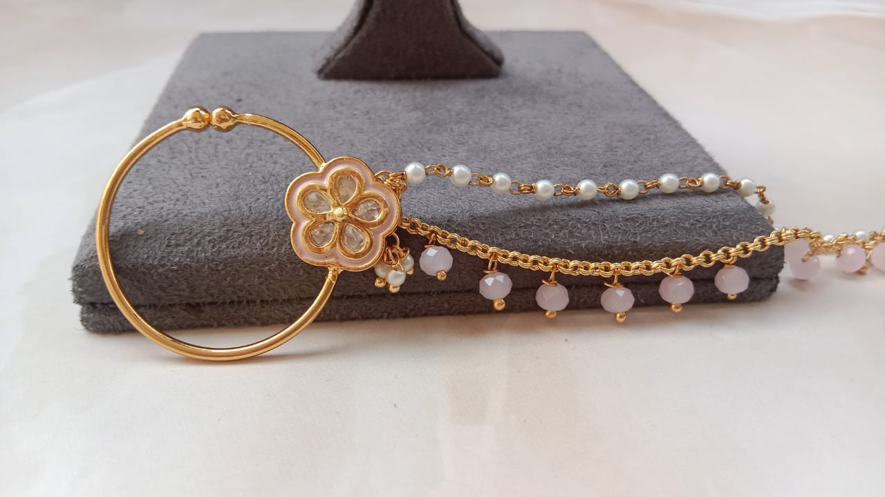 Gold-Plated Pink Enamel Floral Nath with Dual Chain & Bead Drops