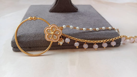 Gold-Plated Pink Enamel Floral Nath with Dual Chain & Bead Drops