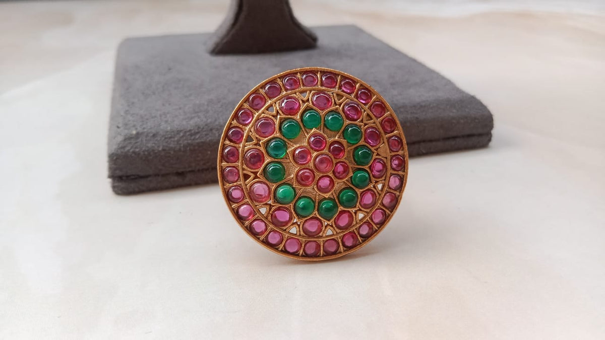 Gold Plated Multicolour Adjustable Statement Ring for Women