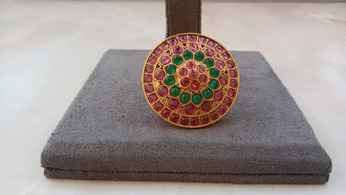 Gold Plated Multicolour Adjustable Statement Ring for Women