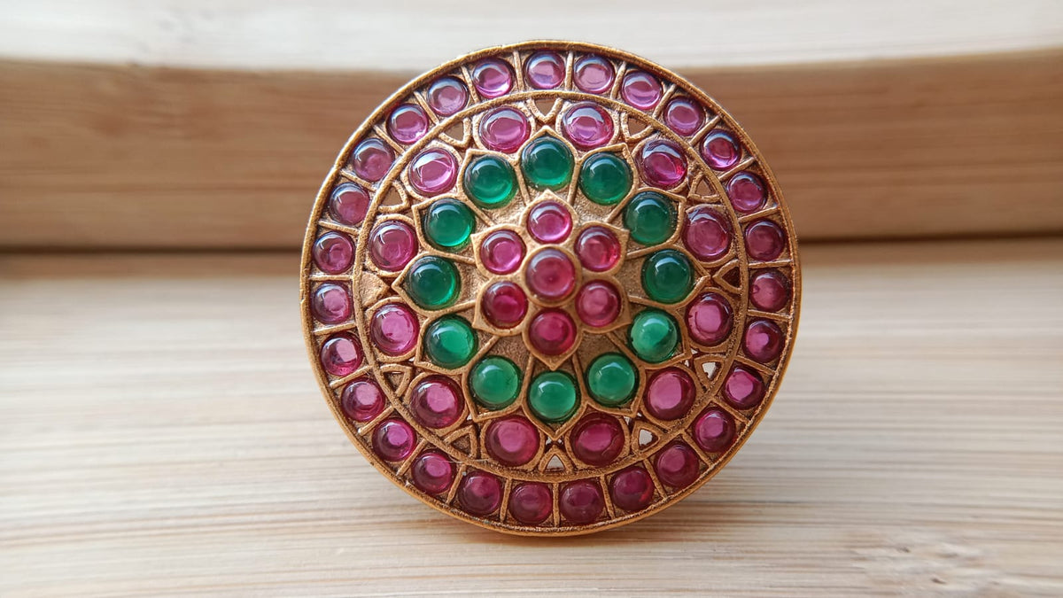 Gold Plated Multicolour Adjustable Statement Ring for Women