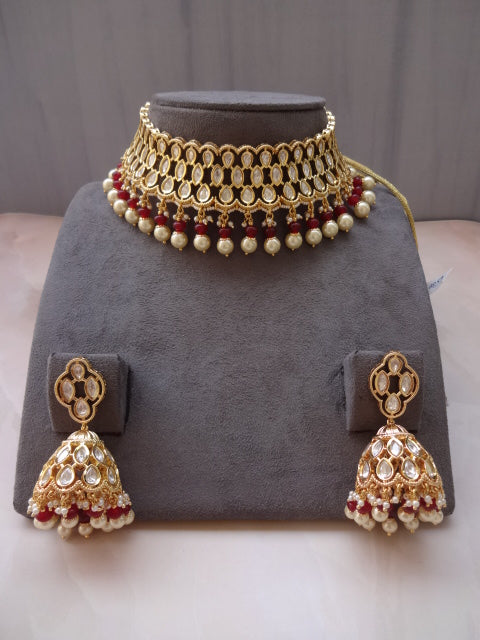 Elegant Kundan Choker Necklace Set with Pearl Drops