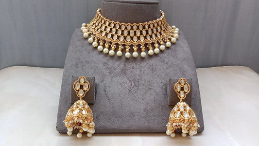 Elegant Kundan Choker Necklace Set with Pearl Drops