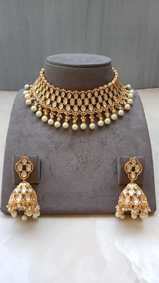 Elegant Kundan Choker Necklace Set with Pearl Drops