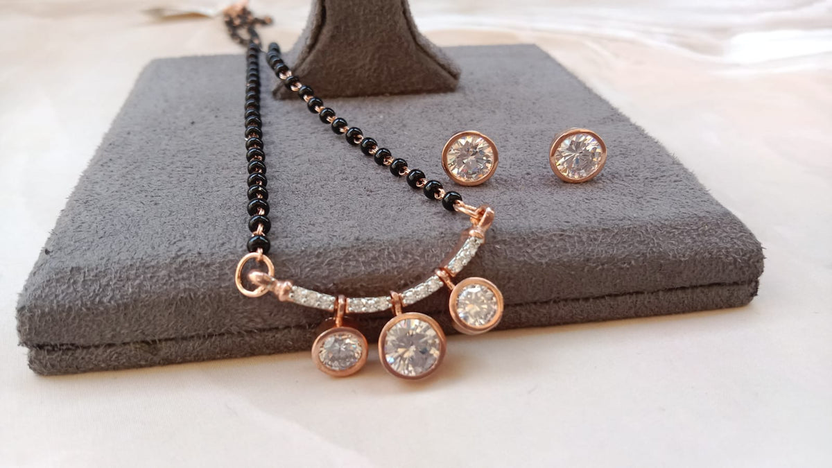 Hanging Drop Mangalsutra Set with Matching Round Earrings – Available in Yellow Gold, Silver, and Rose Gold Plating